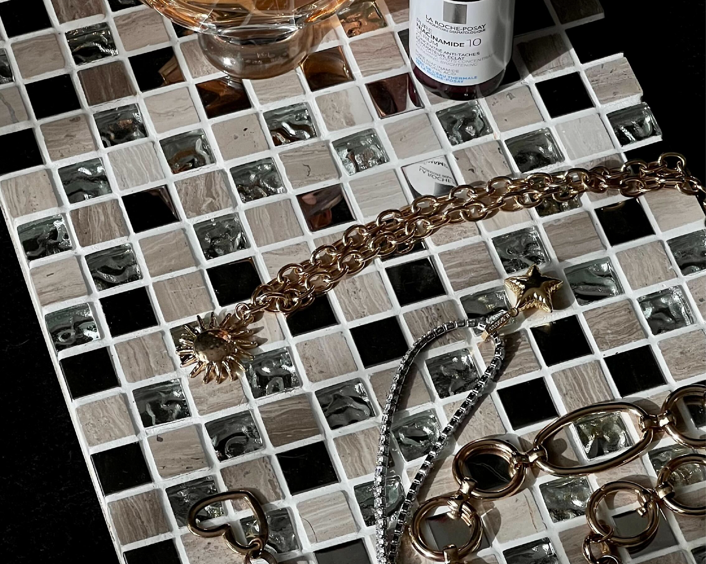 Mirror Glass & Stone Tile Tray